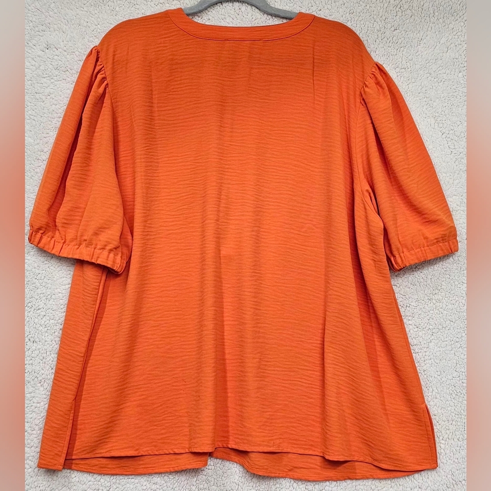 Michael Kors Women’s 3X Orange Puff Sleeve Blouse Gold Zip MK Logo Textured Top - Picture 2 of 10